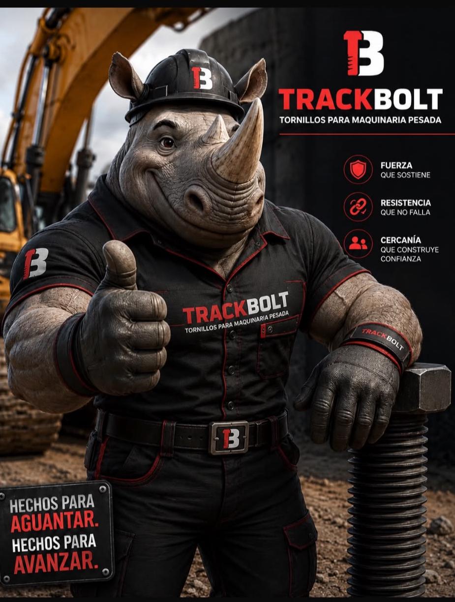 Mascota de Trackbolt: un rinoceronte con casco y uniforme de trabajo junto a un tornillo de gran tamaño